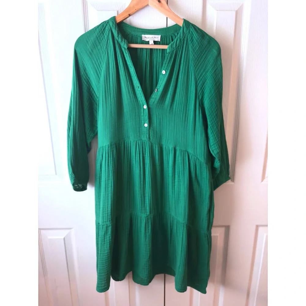 Michael Stars Sophia Kelly Green Cotton Gauze Tiered Relaxed Fit Mini Dress XS